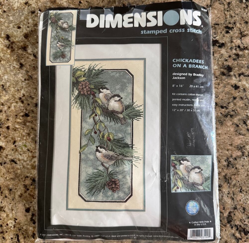 2001 VTG Dimensions Chickadees on a Branch Stamped Cross Stitch Kit 3199 NEW